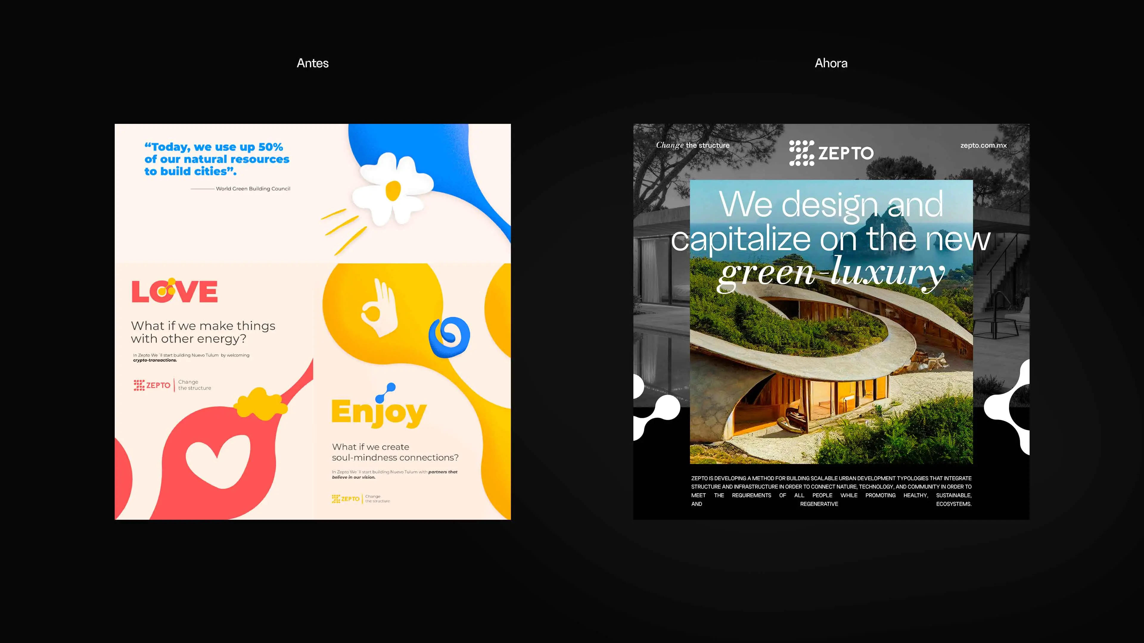 Comparativa del antes y después del rediseño visual de Zepto con enfoque en sostenibilidad y lujo verde.
