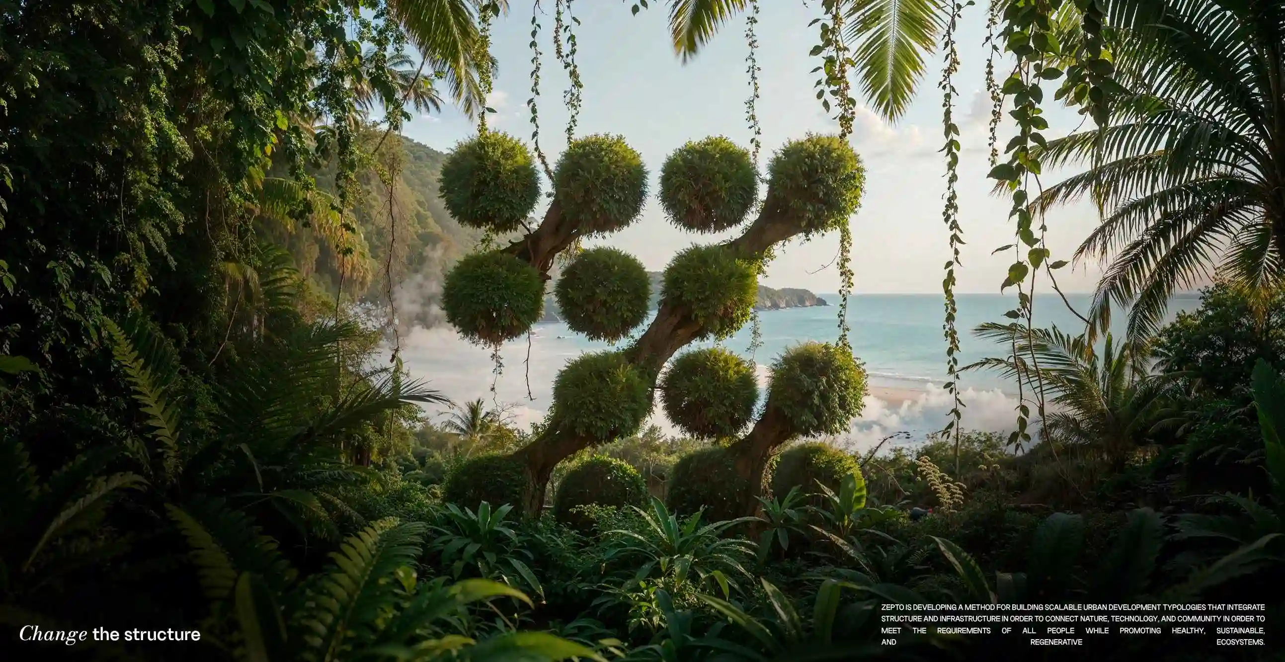 Seis Grados Estrategia y Diseño | Estructura natural esférica de ZEPTO frente al mar que representa equilibrio entre tecnología, naturaleza y diseño sostenible.